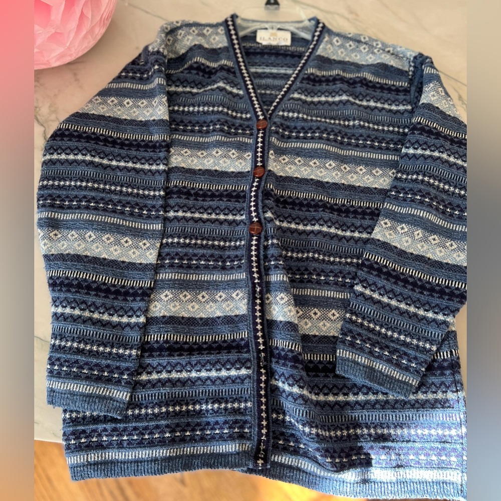 Ilanco Cardigan Sweater blue tones sz M vintage
